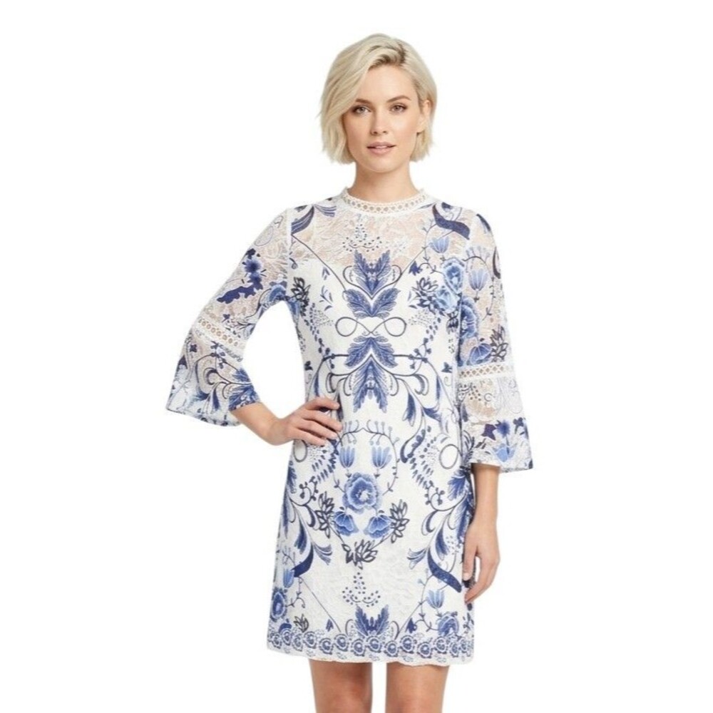 Sandra Darren Womens Dress Size 10 LACE White Blue Floral Lined Bell Slv Zip